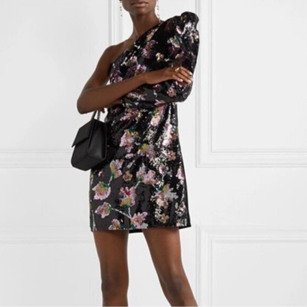 Self Portrait Midnight Bloom Sequin One Shoulder Mini Dress Size 4 NWOT